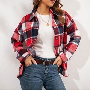 Goodnight Macaroon Winnie Red Plaid Flannel Button Up Shacket Size Medium NWT
